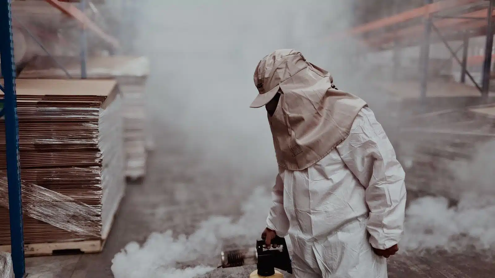 Pest control technician in protective gear treating a property