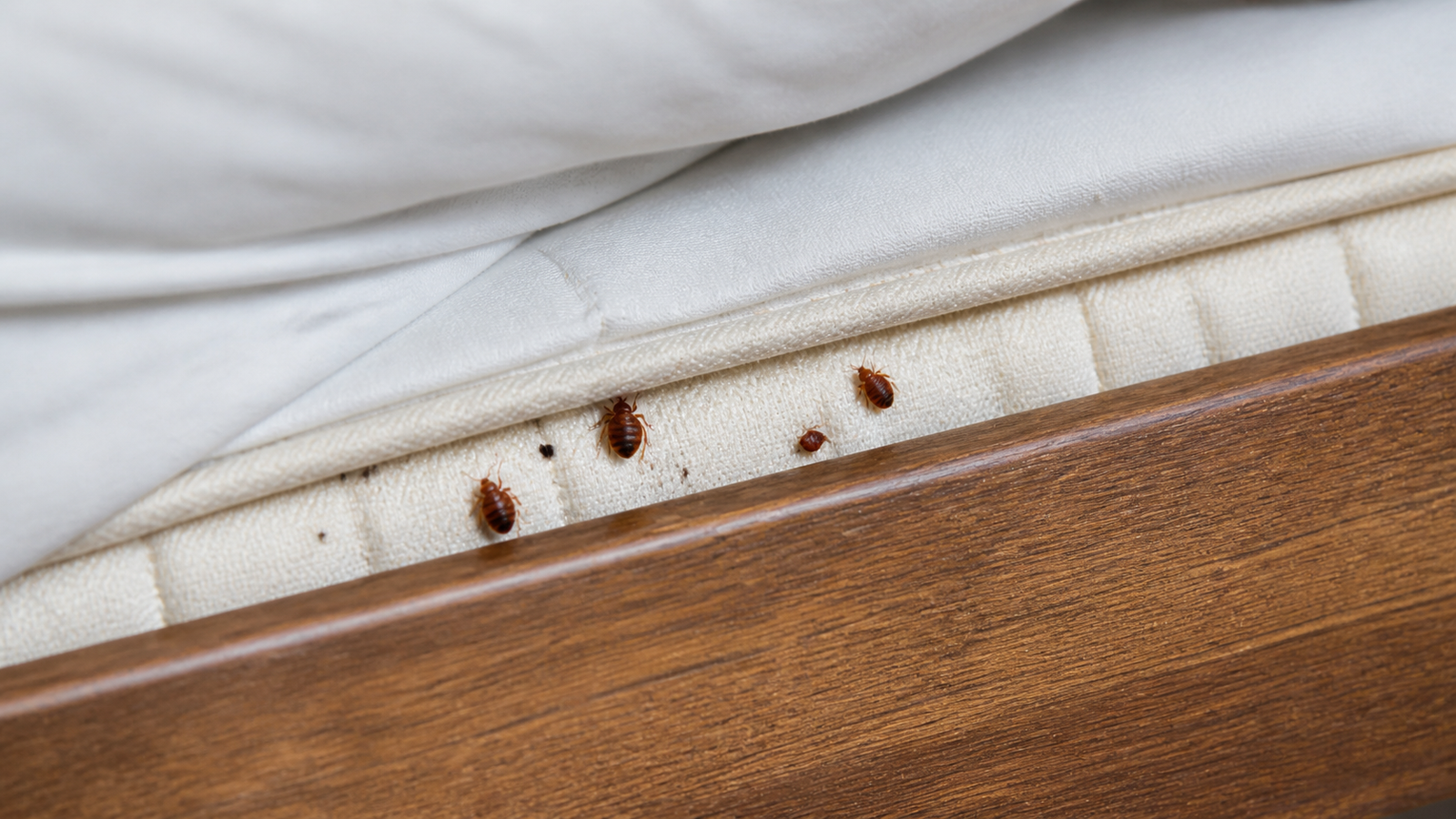 Bed bugs clearly visible along a mattress seam
