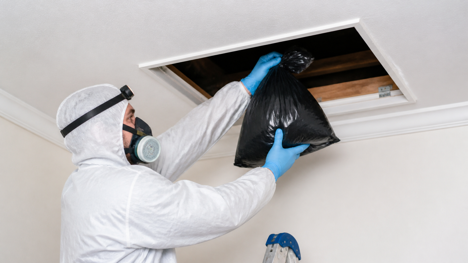 Technician removing a sealed dead animal from a ceiling hatch