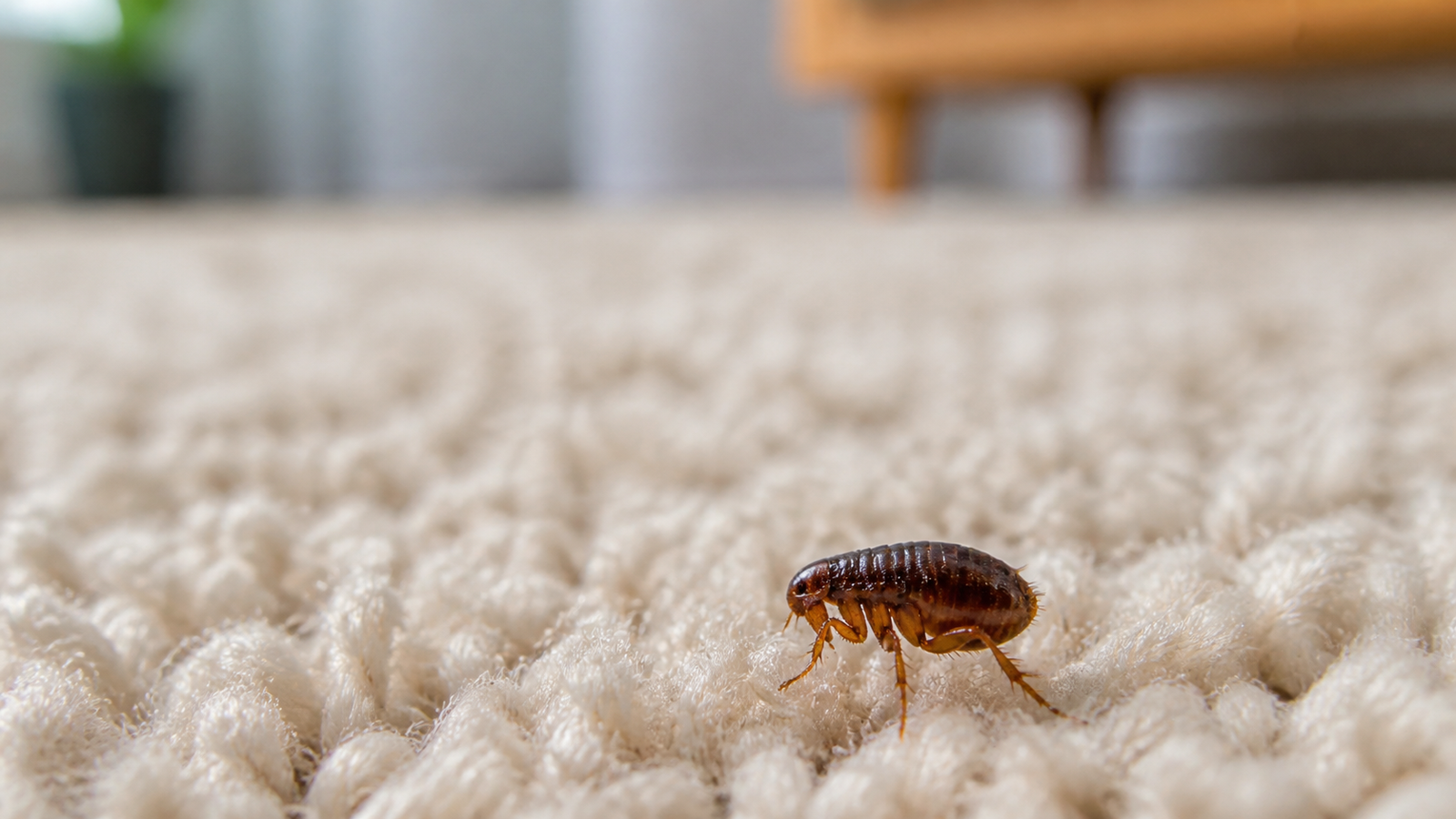 Close-up flea in carpet fibres, relevant to indoor flea treatment