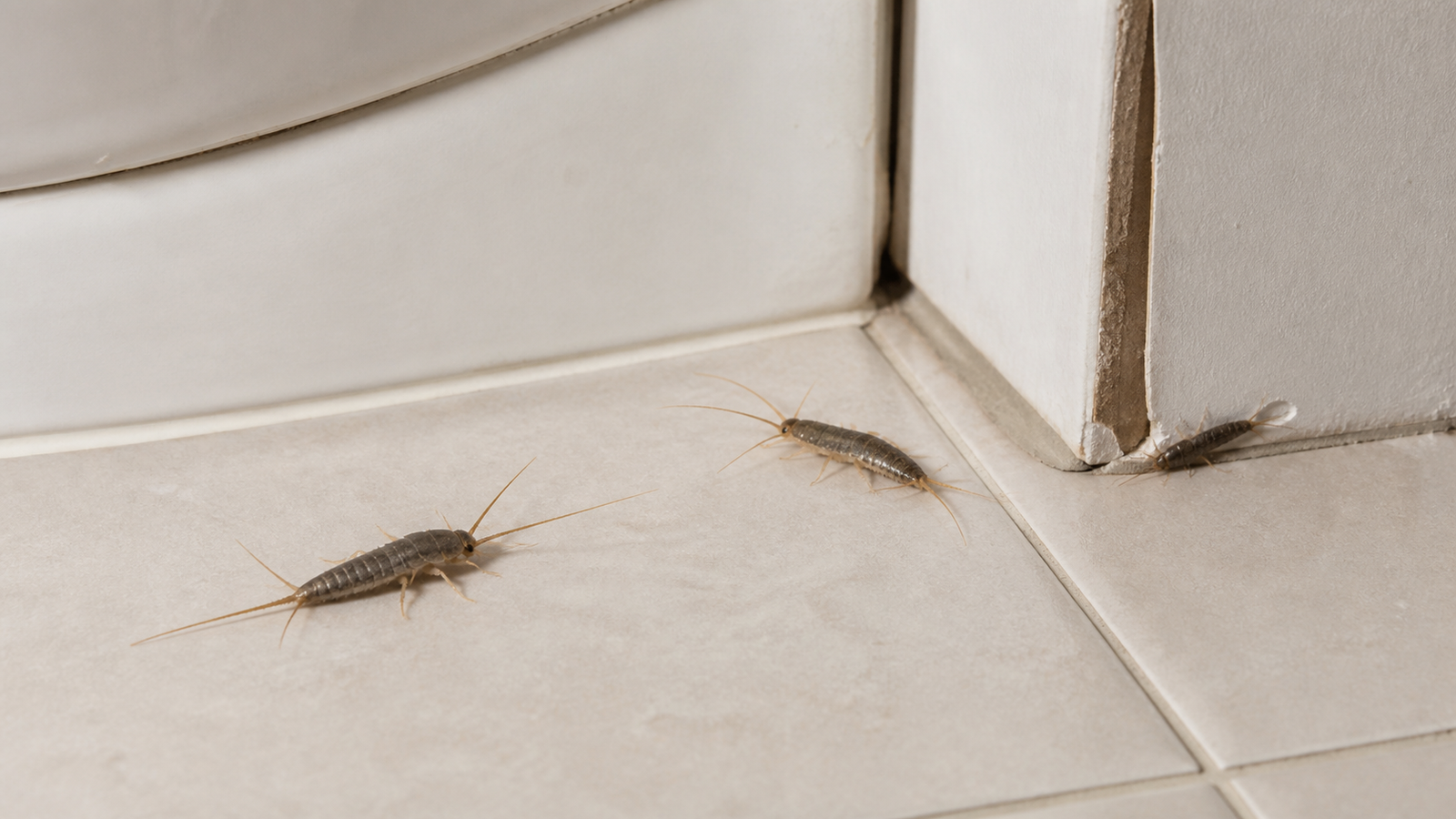 Silverfish visible along a bathroom tile floor edge