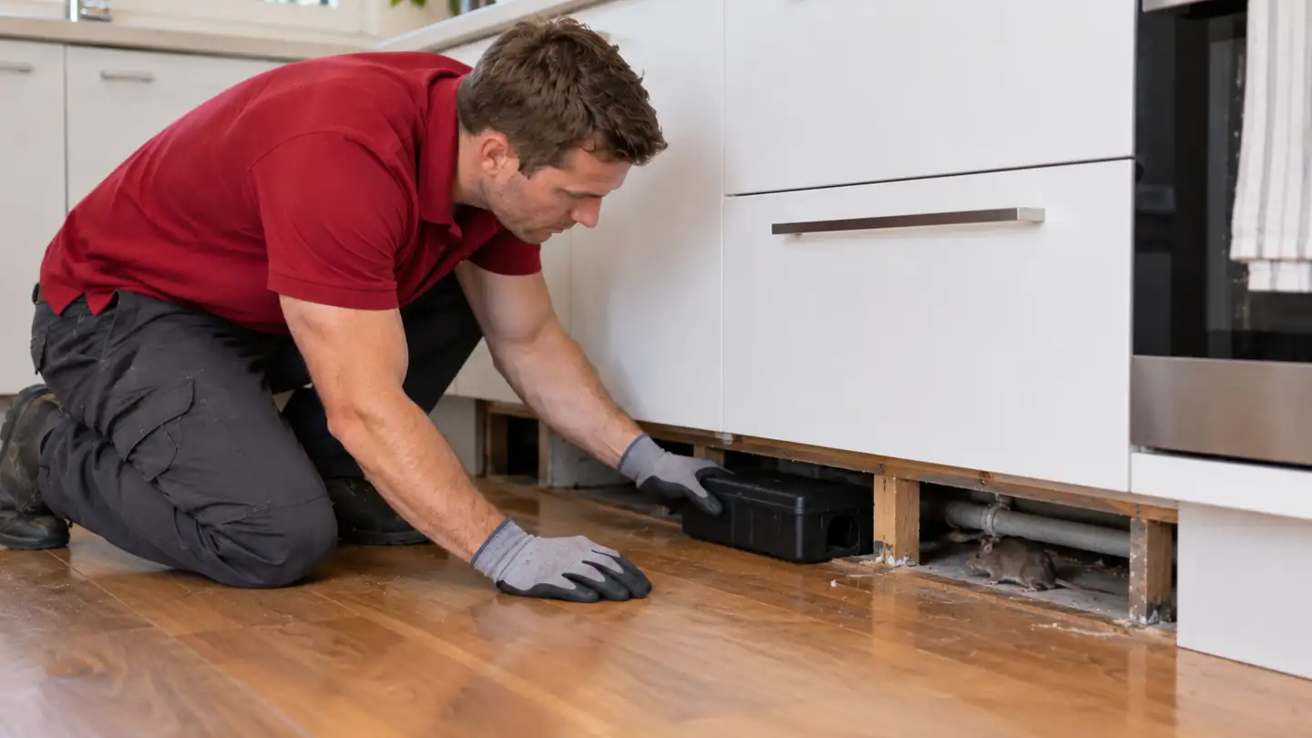House mouse under the kitchen cabinets while a technician slides in a locked bait station