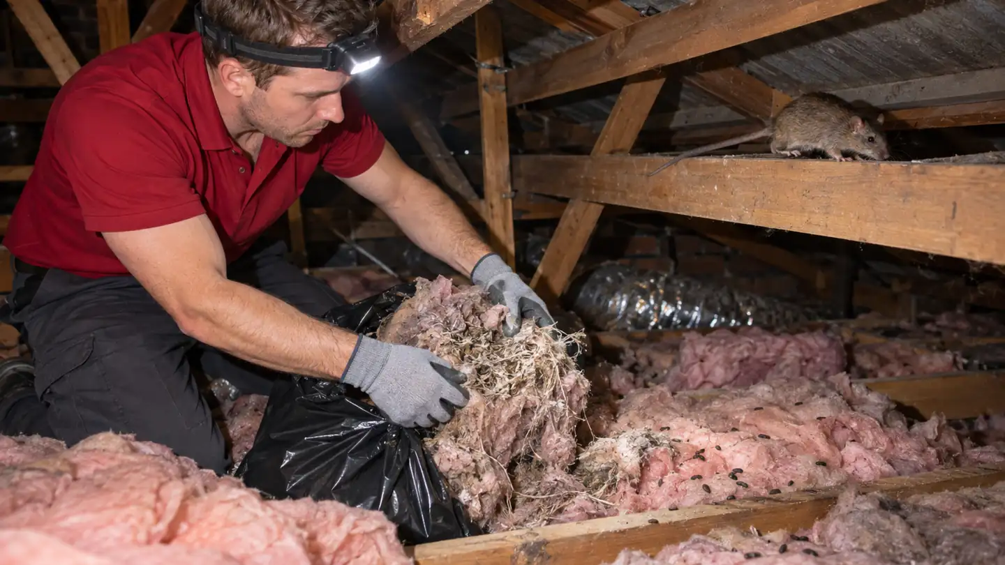 Technician removing a rat nest from a Melbourne roof space, a roof rat on a batten nearby