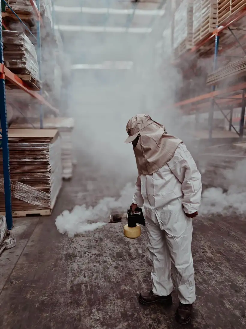 Pest control technician in protective gear treating a commercial property